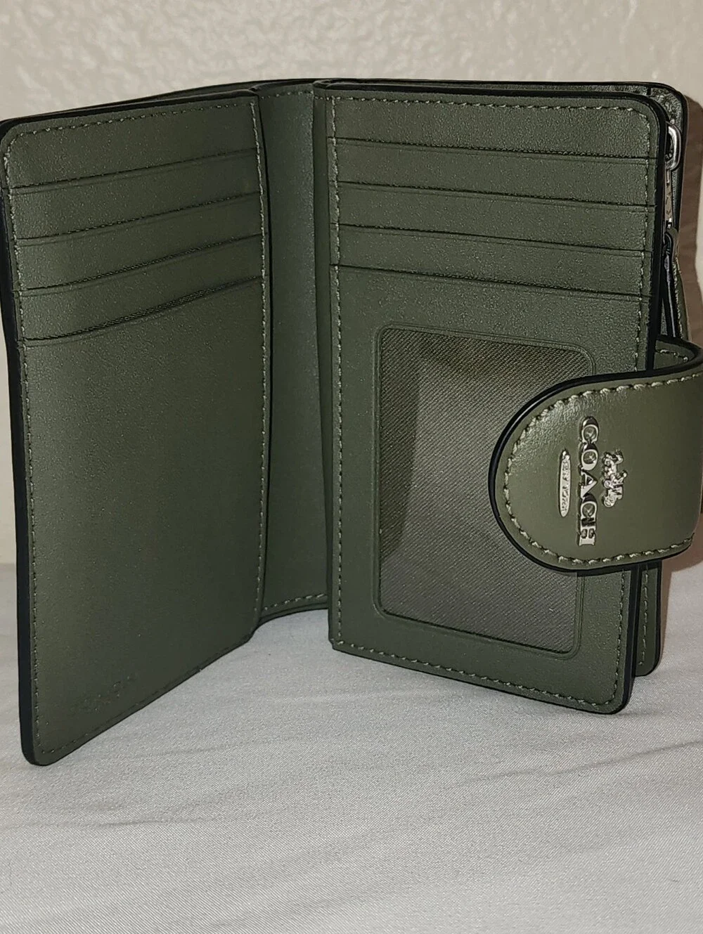 Coach Medium Corner Zip Wallet in Signature Canvas with Sage Leather Trim
